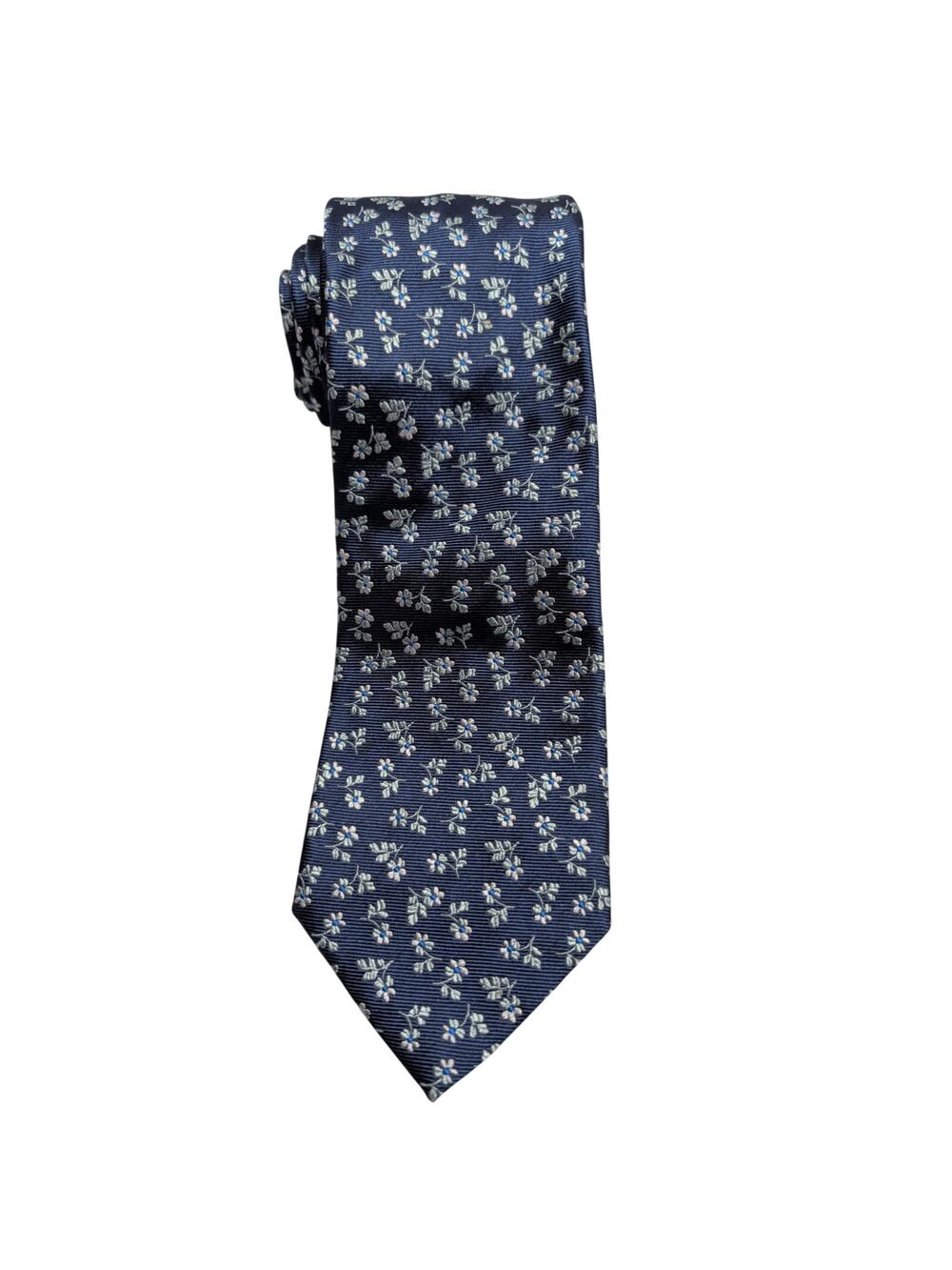 Paul Fredrick 100% Silk Men's Neck Tie Navy Blue Silver Floral Hand Made Italy